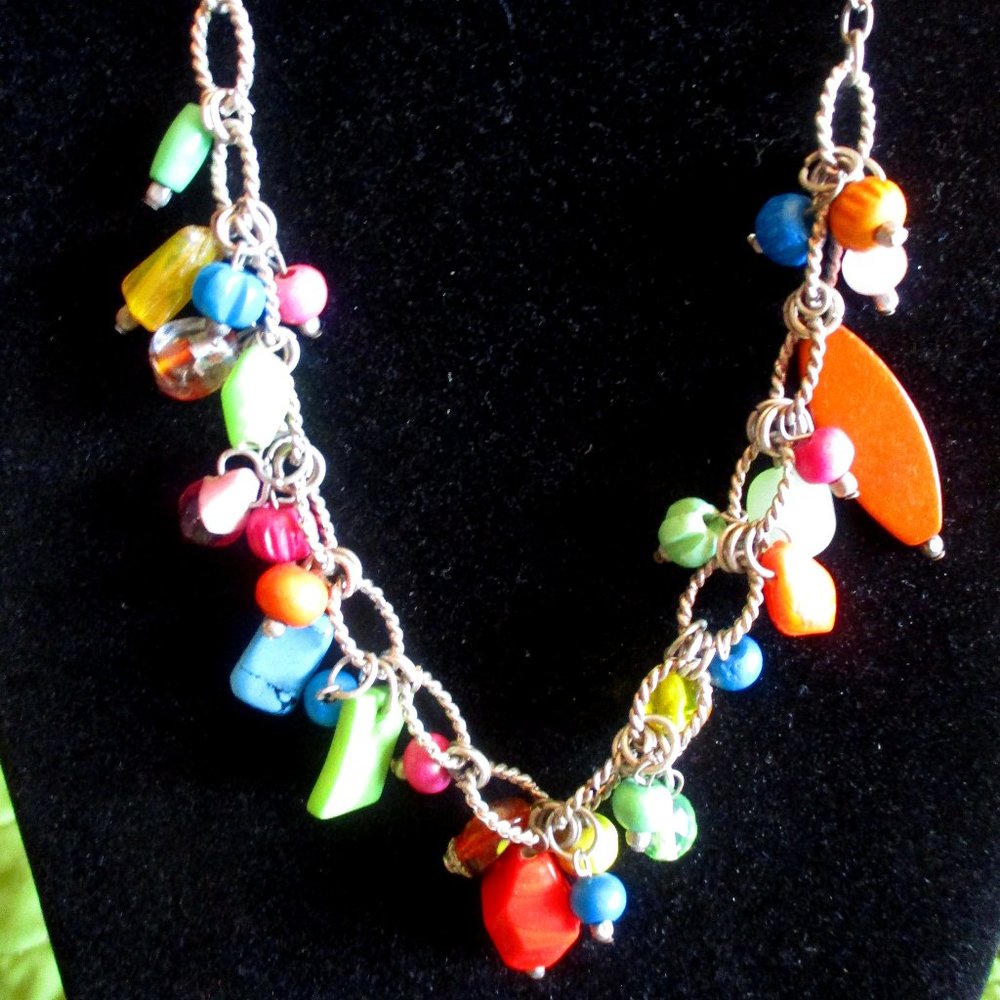 Silvertone Multicolored Dangling Beaded Necklace - image 1